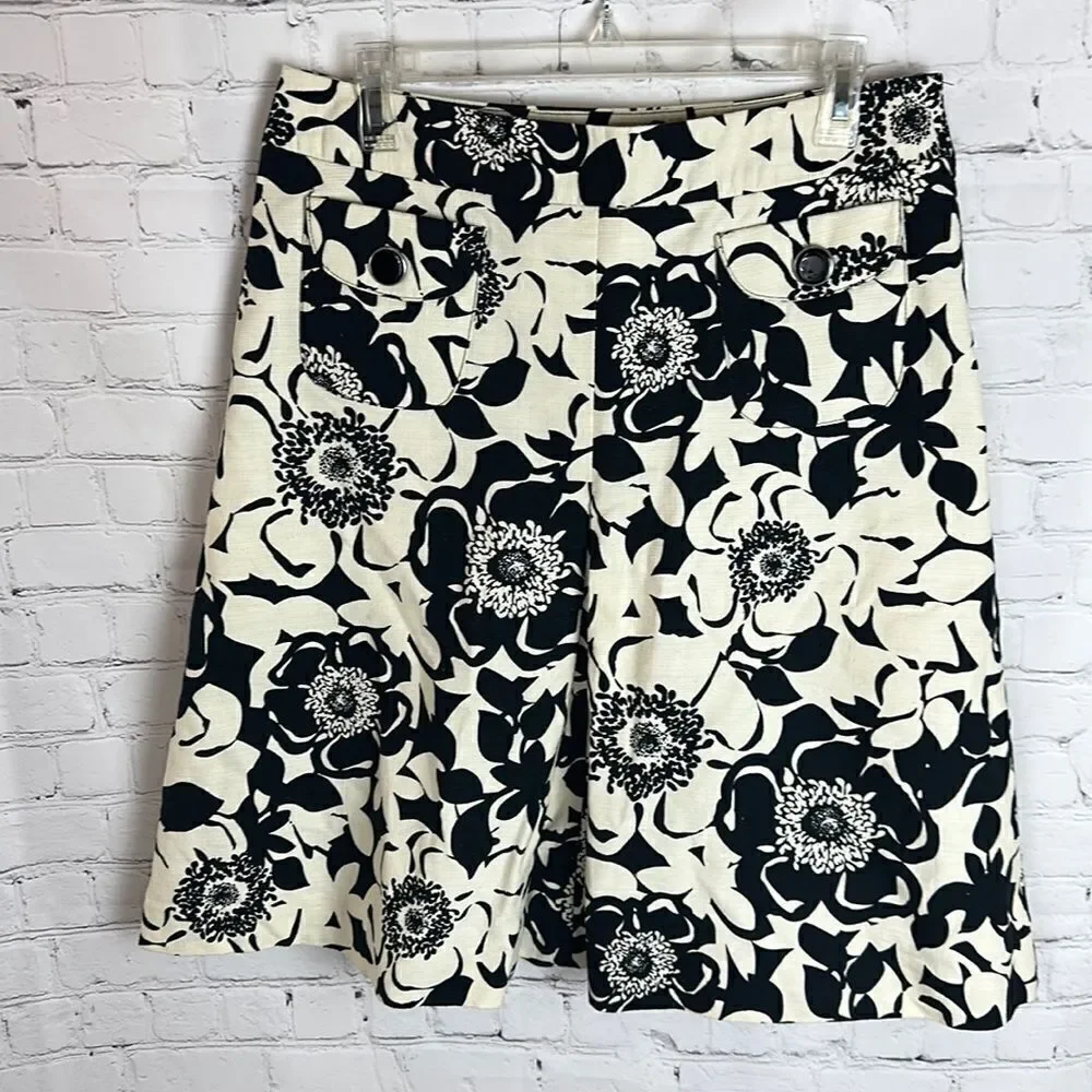 Merona Black Ivory Floral A-Line Lined Knee-Length Skirt Size 12